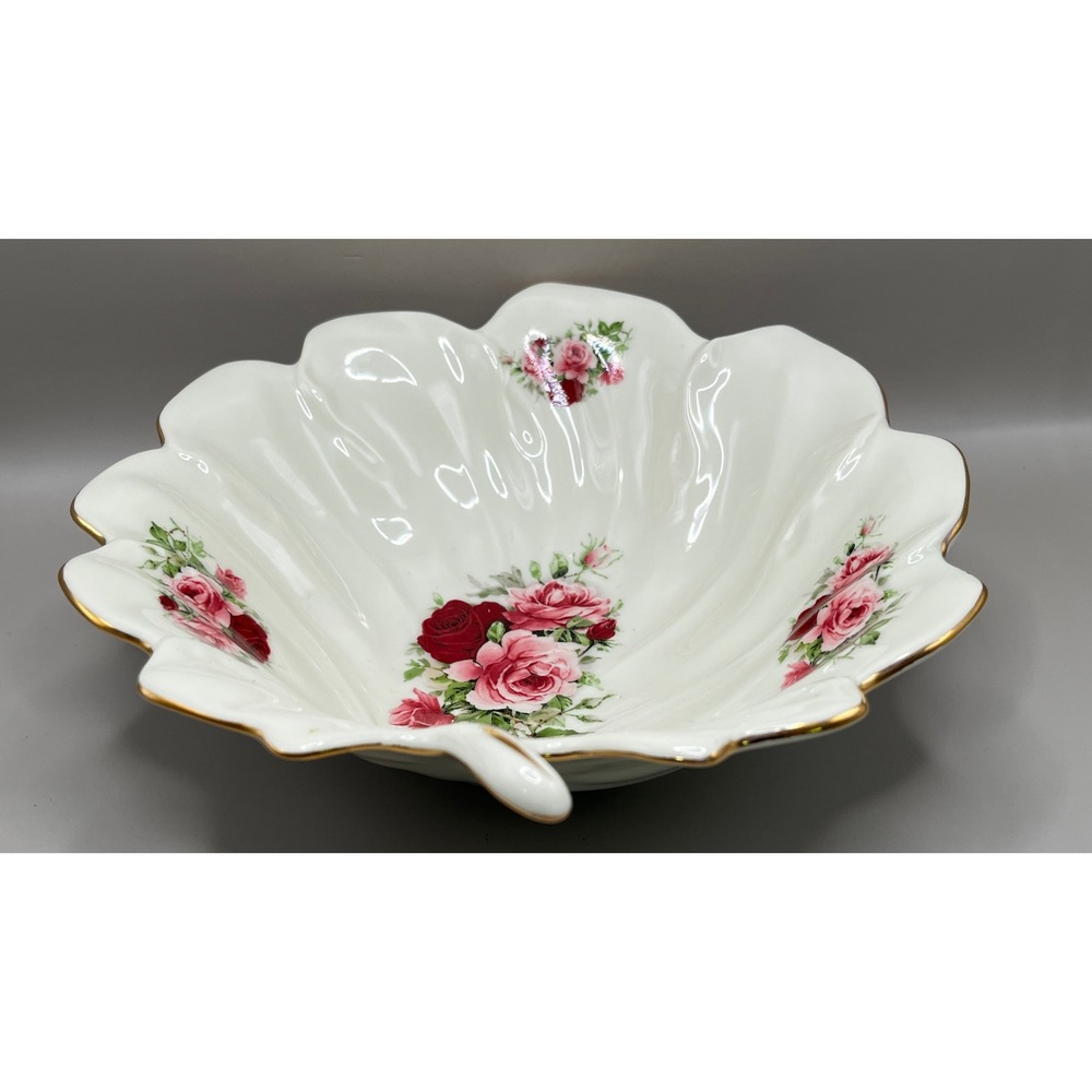 Formalities Baum Bros Rose Floral Leaf Shaped Porcelain Serving Bowl Gold 8.5"